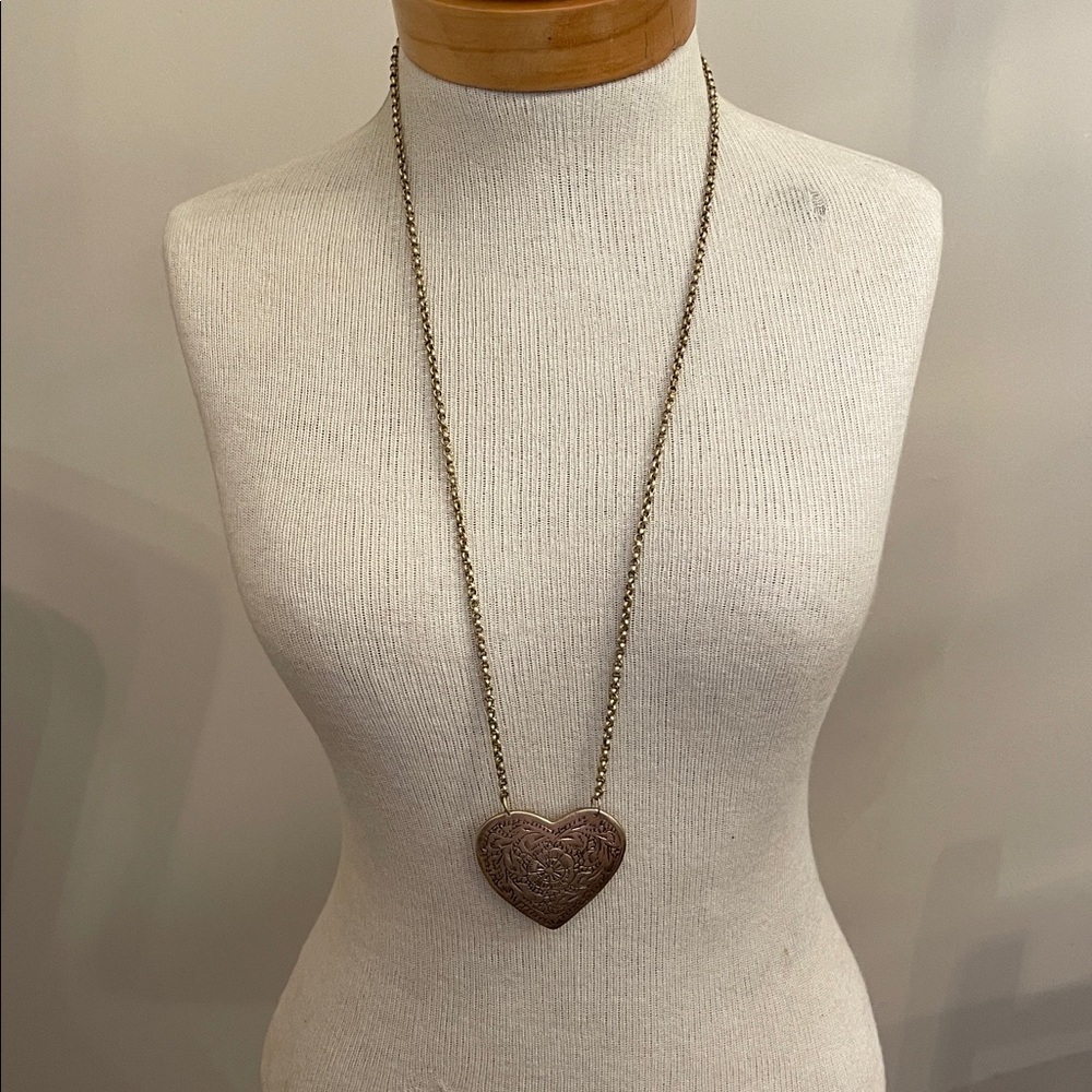 Vintage Brass Etched Heart Pendant with Rolo Chain Necklace - Picture 9 of 16